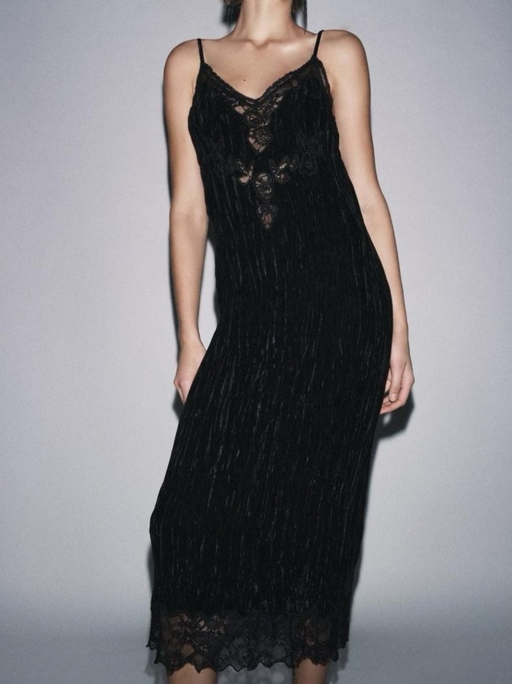 Zara NWT K Black Wrinkle velvet Lace-Trim Slip Cami Dress ref 7521/294 grunge